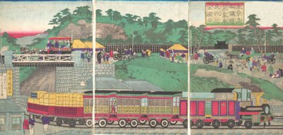 Kuva höyryveturista, joka kulkee Takanawa-rautatiellä Tokiossa Tokion ta..., n. 1873. tekijältä Utagawa Kuniteru