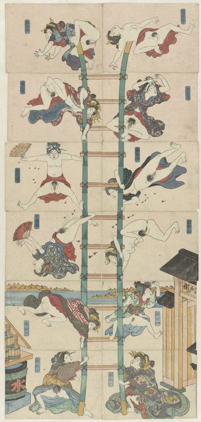 Kahdentoista koban Shungan sarja prostituoitujen kanssa akrobaattisten palomiesten roolissa tekijältä Utagawa Kuniyoshi (school of)