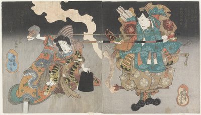 (Soturi ja nainen apinanaamiolla), n. 1843-1847 tekijältä Utagawa Kuniyoshi