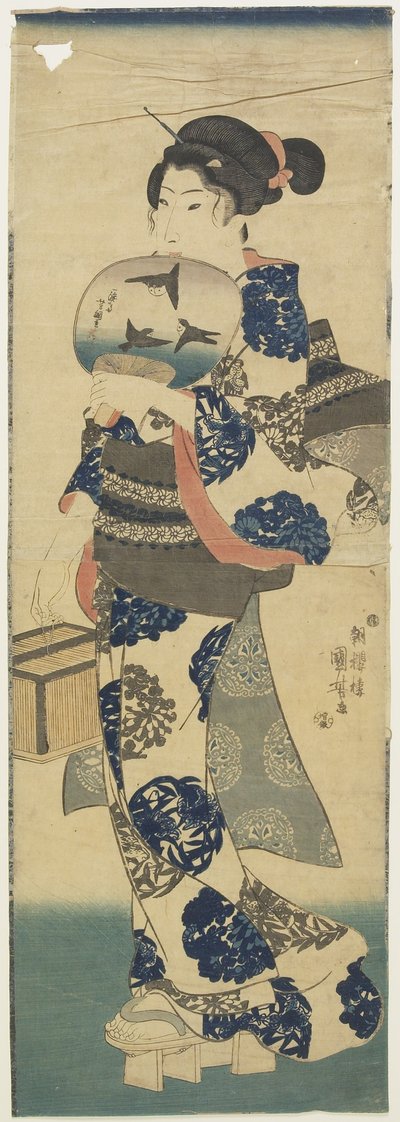 (Nainen tuulettimen ja krikettihäkin kanssa), 1843-1847 tekijältä Utagawa Kuniyoshi