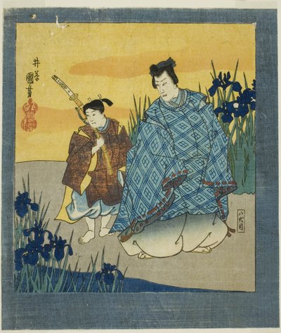 Näyttelijä Ichikawa Danjuro VIII Narihira Yatsuhashin roolissa elokuvasta "Kuusi kuvaa kuuluisista kuvista (Meiga rokushi byobu)". tekijältä Utagawa Kuniyoshi