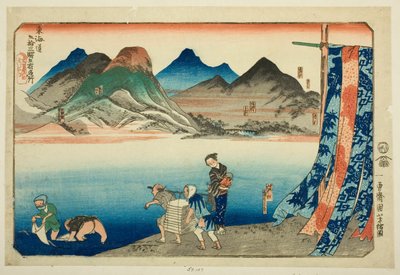 Akasaka, Fujikawa, Okazaki, Chiryu ja Narumi sarjasta "Kuuluisia paikkoja Tokaidon 53 asemalla, viisi asemaa (Tokaido gojusan eki goshuku meisho)" tekijältä Utagawa Kuniyoshi