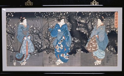 Oban-triptyykki, joka kuvaa yökohtausta kolmen Bijinin kanssa tekijältä Utagawa Kuniyoshi