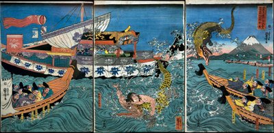 Asahina Yoshihiden taistelu kahden krokotiilin kanssa meressä Kamakura Kotsubon edustalla tekijältä Utagawa Kuniyoshi