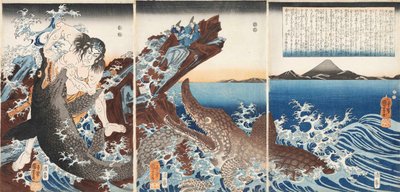 Matala Saburo Yoshihide W Lepää liian C Rokoje s pienessä potkarhussa ch, 1849. tekijältä Utagawa Kuniyoshi