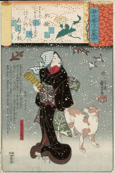 Bijin koiran kanssa lumessa, Genji mitate -sarjasta tekijältä Utagawa Kuniyoshi