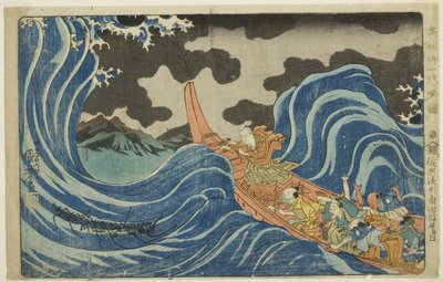 Mantran heittäminen aalloilla Kakutalla hänen maanpaossa Sadon saarelle (Sashu rukei Kakuta nami daimoku), sarjasta "Suurpapin [Nichirenin] (Koso go ichidai ryakuzu) tiivis kuvitettu elämäkerta" tekijältä Utagawa Kuniyoshi