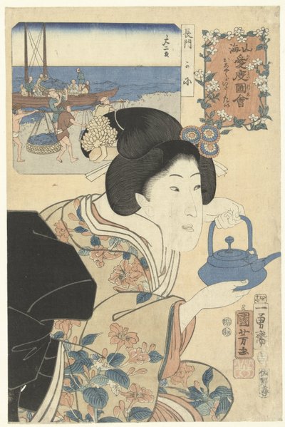 Ahkera tarjoilija Lämpimiä tunteita vuorelle ja merelle (sarjan nimi) Sankai medetai zue (sarjan nimi esineessä) tekijältä Utagawa Kuniyoshi