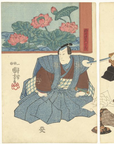 Kolme näyttelijää taittuvalla valkokankaalla tekijältä Utagawa Kuniyoshi