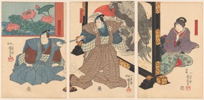 Kolme näyttelijää taittuvalla valkokankaalla tekijältä Utagawa Kuniyoshi