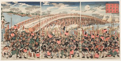 Chushinguran yhdestoista laki: Uskolliset suojelijat kokoontuvat Ryogokun sillalle... tekijältä Utagawa Kuniyoshi