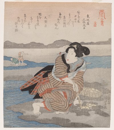 Nainen kaivaa simpukoita; sarjasta Five Pictures of Low Tide tekijältä Utagawa Kuniyoshi