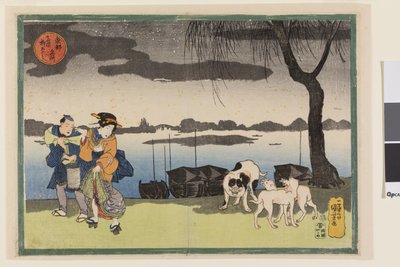 Geisha, hoitaja ja kolme koiraa lähellä Yanagi-siltaa Ryogokussa, sarjasta Kuuluisia näkymiä itäisestä pääkaupungista, noin 1834 (värillinen puupiirros "nishiki-e"; muste ja väri paperille). tekijältä Utagawa Kuniyoshi