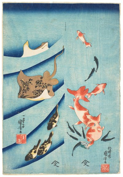 Kultakala, tappokala, piikkirapu ja puskurikala, noin 1837 (puupiirros). tekijältä Utagawa Kuniyoshi