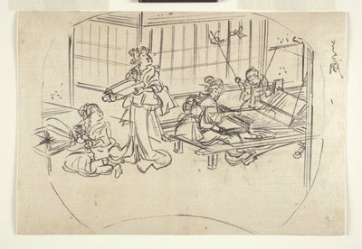 Hataori (kudonta kangaspuulla) n. 1840 (muste paperille) tekijältä Utagawa Kuniyoshi