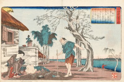 Kakkyo ja hänen vaimonsa kaivaavat kultaruukun kuopasta, jota he kaivaivat haudatakseen pienen poikansa, signeerattu Ichiyusai Kuniyoshi ga, n. 1843 (värillinen puupainatus) tekijältä Utagawa Kuniyoshi
