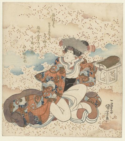 Polvistuva nainen tarjouspöydän kanssa tekijältä Utagawa Kuniyoshi