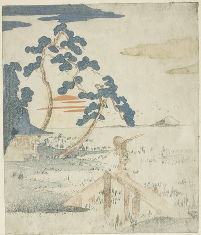 Mies ylittää sillan auringon noustessa, nimettömästä painoksesta (ilman runoutta) kuvista sarjaan "Five Prints of Fuji (Fuji goban no uchi)" tekijältä Utagawa Kuniyoshi