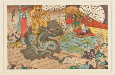 Seitsennaamaisen jumaluuden ilmentymä Minobuzanissa, 9. kuukausi 1277, 1800-luku tekijältä Utagawa Kuniyoshi