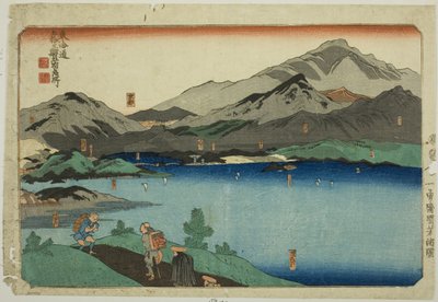 Minakuchi, Ishibe, Kusatsu, Otsu ja Kioto, sarjasta "Kuuluisia paikkoja Tokaidon 53 asemalla, viisi asemaa (Tokaido gojusan eki goshuku meisho)" tekijältä Utagawa Kuniyoshi