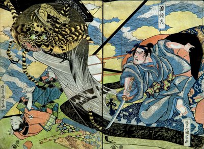 Minamoto no Yorimitsu -sarja: Nishimurayan julkaisema nimetön sarja soturikuvia, n. 1816-1717 tekijältä Utagawa Kuniyoshi