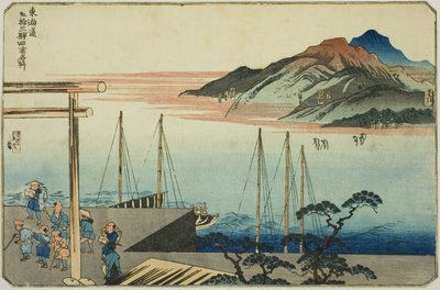 Miya, Kuwana, Yokkaichi ja Ishiyakushi sarjasta "Kuuluisia paikkoja Tokaidon 53 asemalla, neljä asemaa (Tokaido gojusan eki yonshuku meisho)" tekijältä Utagawa Kuniyoshi