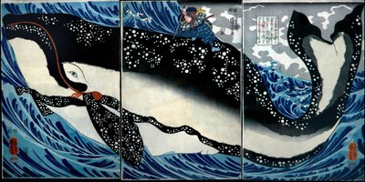 Miyamoto Musashi tappaa valtavan valaan, n. 1847 tekijältä Utagawa Kuniyoshi