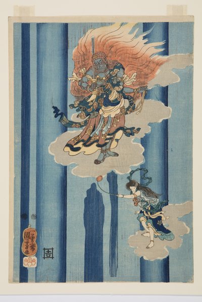 Mongaku Shonin vesiputouksen alla (keskellä) (värillinen puupainatus) tekijältä Utagawa Kuniyoshi