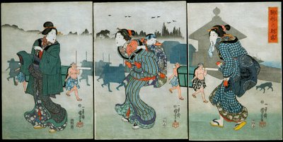 Morning Mist at Komagata (Komagata no asagiri): Neljän vuodenajan huvit (Shiki yūkan), n. 1846 tekijältä Utagawa Kuniyoshi