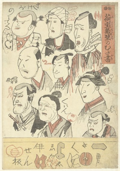 Yhdeksän näyttelijän muotokuvaa Kirjoituksia tavaratalon seinälle (sarjan nimi) Nitakaragura kabe no mudagaki (sarjan nimi esineessä) tekijältä Utagawa Kuniyoshi