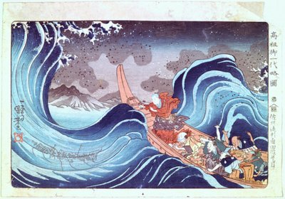 Nichiren rauhoittaa myrskyä, 1800-luku tekijältä Utagawa Kuniyoshi