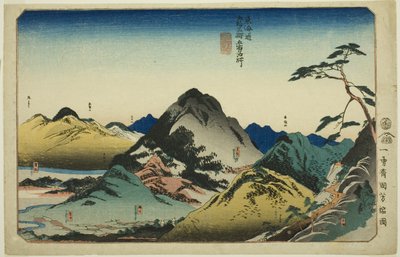 Nissaka, Kakegawa, Fukuroi, Mitsuke ja Hamamatsu sarjasta "Famous Places on the Fifty-3 Station of the Tokaido, Five Station (Tokaido gojusan eki goshuku meisho)" tekijältä Utagawa Kuniyoshi