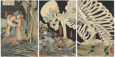 Oyataro Mitsukuni uhmaa prinsessa Takiyashan loihtimaa luurankoaamua, 1844-1845. tekijältä Utagawa Kuniyoshi