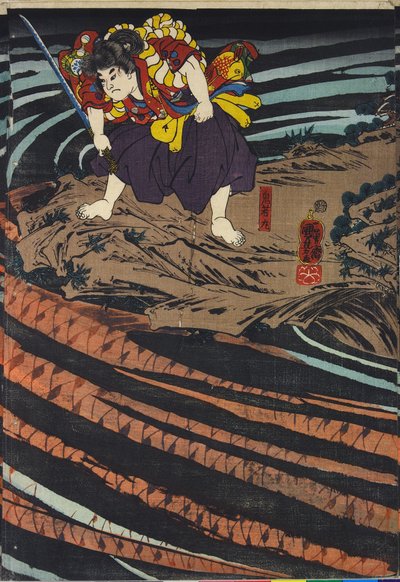 Paneeli triptyykistä, joka kuvaa Oniwaka-marua tekijältä Utagawa Kuniyoshi