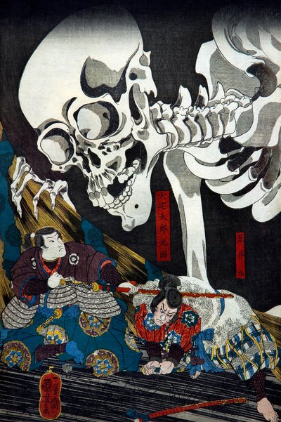 Prinsessa Takiyasha kutsuu hirviömäisen luuranko-aakelun Sōman vanhassa palatsissa, n. 1845-46 tekijältä Utagawa Kuniyoshi