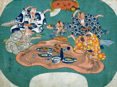 Racoon Dog and Fox at Play (Tanuki to kitsune no asobi), n.1842 tekijältä Utagawa Kuniyoshi