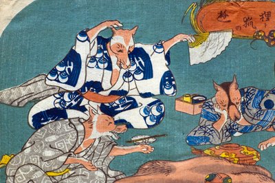 Racoon Dog and Fox at Play (Tanuki to kitsune no asobi), n.1842 tekijältä Utagawa Kuniyoshi