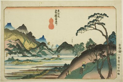 Shono, Kameyama, Seki, Sakanoshita ja Tsuchiyama sarjasta "Kuuluisia paikkoja Tokaidon 53 asemalla, viisi asemaa (Tokaido gojusan eki goshuku meisho)" tekijältä Utagawa Kuniyoshi
