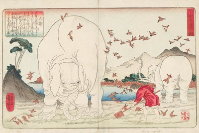 Taishun kaivaa peltoa norsujen ja varpusparven avulla, signeerattu Ichiyusai Kuniyoshi ga, n. 1843 (värillinen puupainatus) tekijältä Utagawa Kuniyoshi