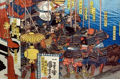 Takeda Shingen murskaa Suwa Yorishigen voimat (Takeda Shingen Suwa Yorishige no jinchū o uchi-kuzusu zu), n. 1850-51 tekijältä Utagawa Kuniyoshi