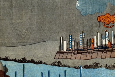 Takeda Shingen murskaa Suwa Yorishigen voimat (Takeda Shingen Suwa Yorishige no jinchū o uchi-kuzusu zu), n. 1850-51 tekijältä Utagawa Kuniyoshi