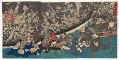 Maahämähäkki tuottaa hirviöitä Minamoto Yorimitsun kartanossa (Minamoto Yorimitsu [Raikō] kō no yakata ni tsuchigumo yōkai o nasu zu) tekijältä Utagawa Kuniyoshi