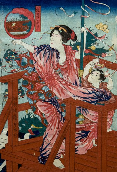 Seitsemännen kuukauden tähtifestivaali (Fumizuki no tanabata) Nimetön sarja naisia, joilla on lapsia kahdentoista kuukauden aikana, n. 1836 tekijältä Utagawa Kuniyoshi