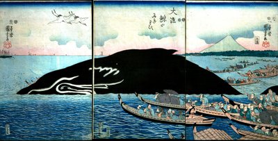 Ihmisjoukko vangitun valaan ympärillä tekijältä Utagawa Kuniyoshi
