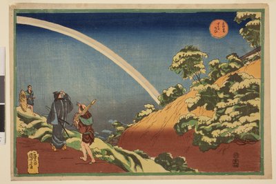 Matkustajat katsomassa sateenkaarta Surugadaissa, sarjasta Famous Views of the Eastern Capital (Itäisen pääkaupungin kuuluisat näkymät) tekijältä Utagawa Kuniyoshi