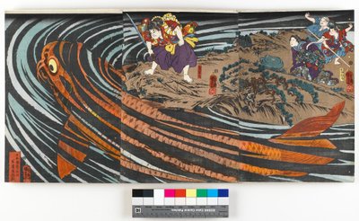 Triptyykki, kuvaa Oniwaka-marua (tuleva Musashibo Benkei) hyökkäämässä hänen äitinsä syöneen jättiläiskarpin kimppuun, n. 1845 (värillinen puupainatus) tekijältä Utagawa Kuniyoshi