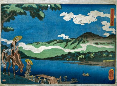 Näkymä Tamuran lautalle Ōyama Roadilla Sagamin maakunnassa (Sōshū Ōyama-dō Tamura no watashi no kei) tekijältä Utagawa Kuniyoshi