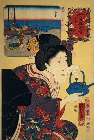Tarjoilija sakekeittimellä ja Nagaton ranta taustalla tekijältä Utagawa Kuniyoshi
