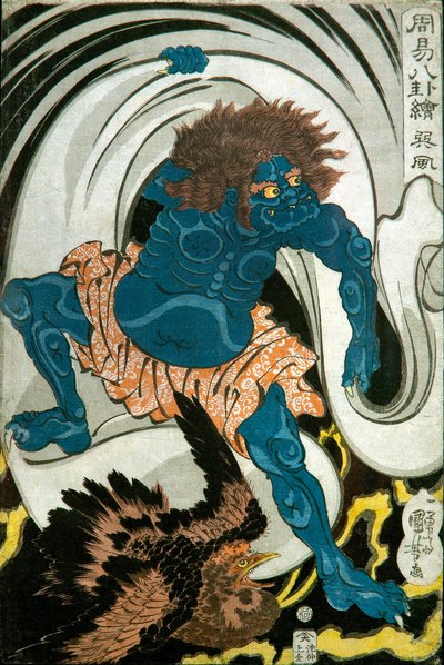 Tuulenjumala (Sonpū) -sarja: Kuvia kahdeksasta trigrammista kiinalaisessa ennustamisessa (Shūeki hakke-e), n. 1839-41 tekijältä Utagawa Kuniyoshi