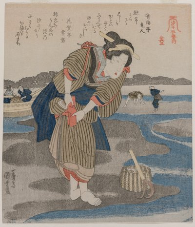Nainen kiinnittää hameensa; sarjasta Five Pictures of Low Tide tekijältä Utagawa Kuniyoshi